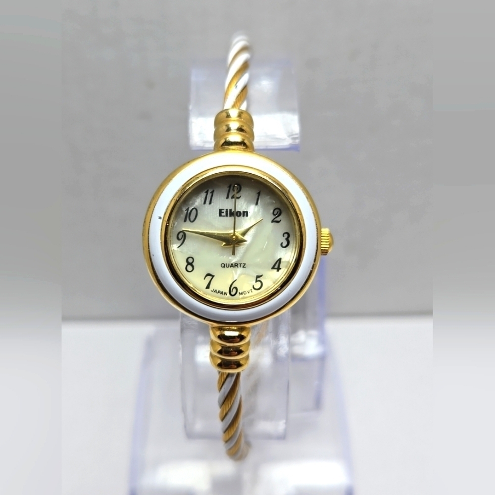 Womens Eikon CB-01 White Enamel Gold Tone Wire Cuff Watch New Battery Bangle